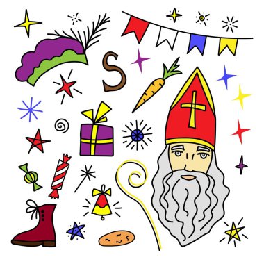 Renkli el çizimi vektör karalama seti, yeni yıl, Noel dekorasyonu. Geleneksel bayram, Aziz Niklas Günü, Sinterklaas, tasarım için elementler hediye paketi, desen, kartpostallar.