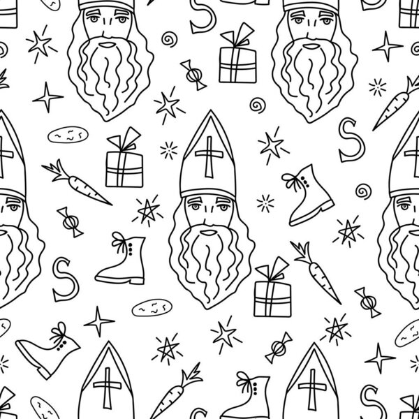 Hand-drawn vector seamless pattern in black outline. Saint Nicholas Day, Sinterklaas. Traditional holiday. Christmas, New Year's design, shoes, carrots, star. For wrapping paper print, textile product