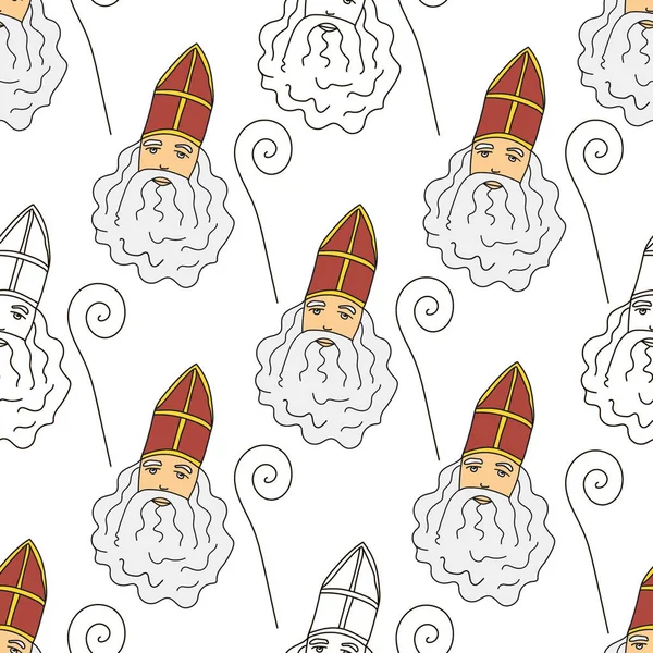 Şenlik dekoru için vektör renksiz desen. Beyaz arka planda Sinterklaas. Kırmızı miğfer, personel, gri sakal. Noel Baba, yeni yıl, Noel. Aziz Nicolas Günü.