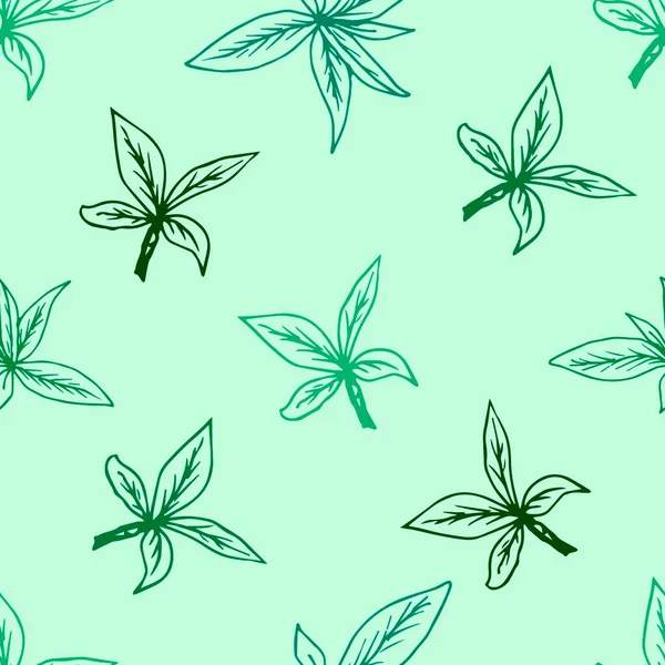 Elle çizilmiş çiçekli nazik vektör pürüzsüz desen. Açık bir arkaplanda çeşitli şekil ve renklerdeki yeşil yaprakların konturu. Kumaş, tekstil, ambalaj ve giysi baskıları için..