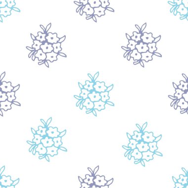 Pastel renklerde basit, sakin, çiçeksiz vektör deseni. Elle çizilmiş mavi, beyaz arka planda bir çiçeğin eflatun rengi. Kumaş, gömlek, kıyafet, tekstil ürünleri, yatak örtüsü baskıları için..
