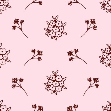 Elle çizilmiş basit çiçekli vektör pürüzsüz desen. Küçük çiçeklerin koyu kırmızı çizgileri, açık pembe arka planda dallar. Kumaş, tekstil ürünleri, kağıt, ambalaj, giysi baskıları için.