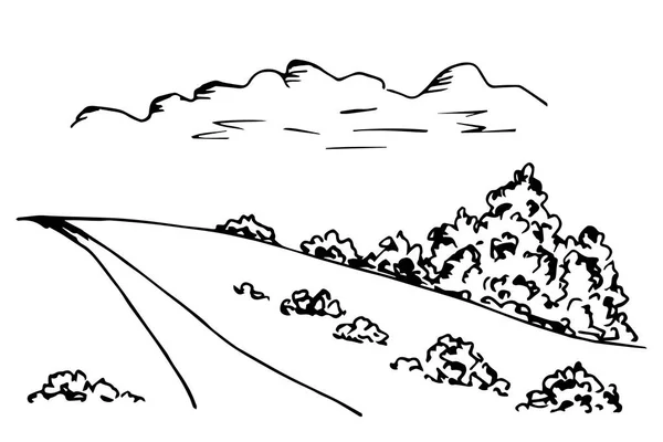Strada Collina Cespugli Albero Nuvole Paesaggio Rurale Periferia Natura Semplice — Vettoriale Stock