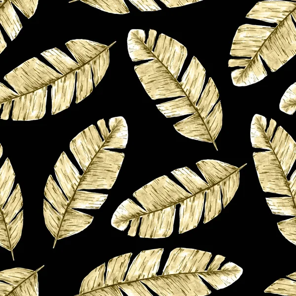 Elle çizilmiş tropikal desenler. Siyah arka planda bej rengi kahverengi palmiye yaprakları. Kumaşlar, duvar kağıtları, baskılar için..