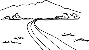 Karikatür çizimi bir dağ manzarası ve bir yol