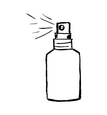 Beyaz arka planda siyah çizgili basit bir vektör karalama. El dezenfeksiyonu, şişede antiseptik sprey temizlik, bakım, mikroplara karşı koruma. Temizleyici, ilaçlar..