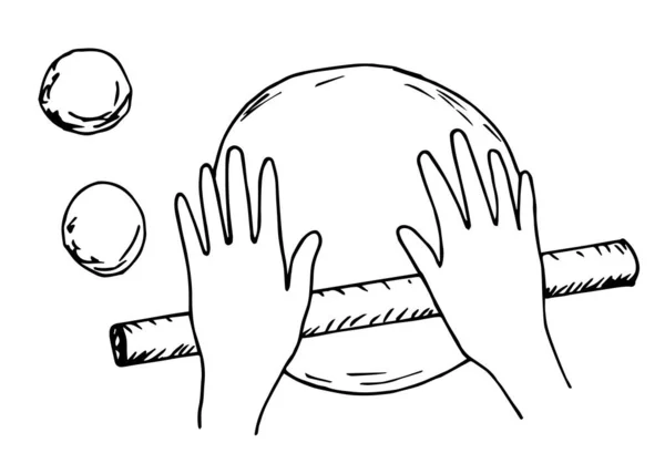 Siyah çizgili el çizimi vektör çizimi. Eller hamuru yuvarlıyor merdane, pişirme süreci, üst görünüm.