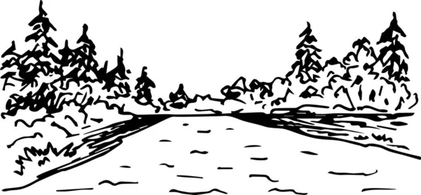 Illustrazione Xilografica Del Paesaggio Forestale — Vettoriale Stock