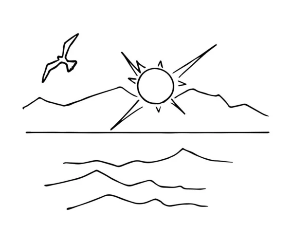 Illustrazione Vettoriale Del Sole Sopra Mare Del Gabbiano Che Vola — Vettoriale Stock