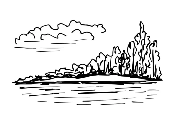 Ilustração Vetorial Paisagem Dos Desenhos Animados Com Montanhas Lago —  Vetores de Stock