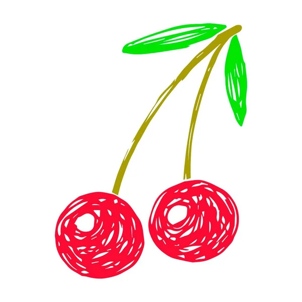 明るいカラーベクトルイラスト 枝に2本の赤いチェリー 緑の葉 印刷物 ステッカー ラベル チェリー製品 庭の果物 ベリー — ストックベクタ