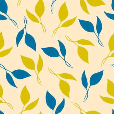 Basit çiçekli vektör kusursuz desen. Mavi, soluk pembe arka planda altın yapraklar. Kumaş baskıları, tekstil ürünleri, giyim, ambalaj, ev dekorasyonu.