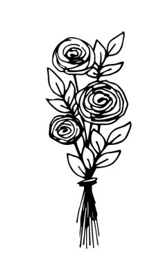 Siyah çizgili el çizimi vektör çizimi. Bir buket gül çiçeği, beyaz arka planda izole edilmiş düğün çiçeği. Tebrik kartı tasarımı için. Bahar tatili, 8 Mart, Anneler Günü..