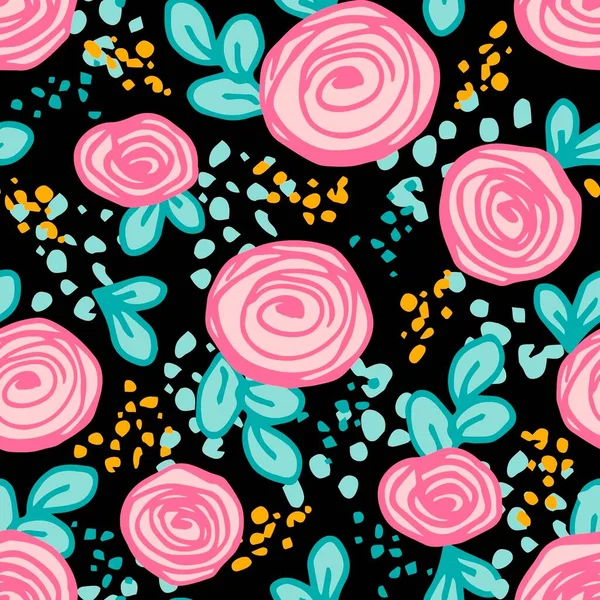 Delicate Floral Vector Seamless Pattern Pink Flowers Blue Leaves Black — Vettoriale Stock