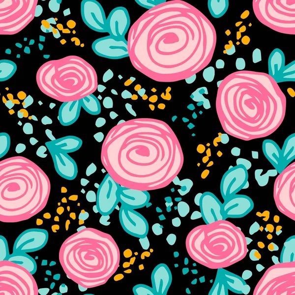 Delicate floral vector seamless pattern. Pink flowers, blue leaves on a black background. Rose, buttercup, spring-summer design. For printing on fabric, textiles, clothing, home decor, stationery.