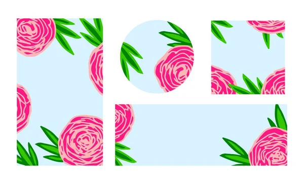 Розовые Пионы Голубом Фоне Набор Шаблонов Пригласительных Билетов Этикеток Обложек — стоковый вектор