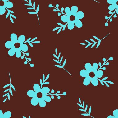 Basit, güzel, çiçekli, kusursuz bir desen. El çizimi açık turkuaz renkte çiçekler, yapraklar, koyu kahverengi arkaplanda böğürtlenler. Kumaş, tekstil ürünleri ve duvar kağıtları üzerine baskı yapmak için..