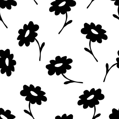 Basit el çizimi çiçek vektörlü, pürüzsüz desen. Beyaz arka planda siyah papatya çayı silueti. Yaban çiçekleri, doğa, kumaş, ambalaj kağıdı, tekstil ürünleri, giysi baskıları için..