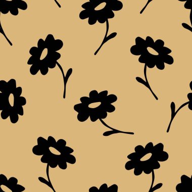 Basit çiçekli vektör kusursuz desen. Bej arka planda siyah çiçek, papatya silueti. Kumaş, tekstil ürünleri, giysi, ev dekorasyonu, perdeler için..