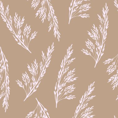 El çizimi, basit, sakin, pürüzsüz, pastel renklerde bir model. Açık renk dallar, gri-bej arka planda kır çiçekleri. Kumaş ve tekstil ürünleri için.