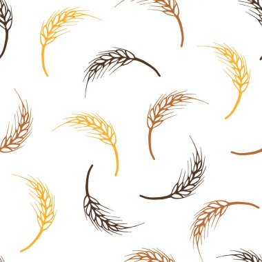 Basit vektör pürüzsüz desen. Beyaz arka planda altın sarısı, kahverengi buğday başağı. Mevsimlik tarım tahıl hasadı. Organik ürün üretimi. Tekstil, kumaş, ambalaj, un ve ekmek baskıları için..