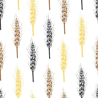 Elle çizilmiş basit vektör pürüzsüz desen. Beyaz arka planda siyah, kahverengi, altın buğday başakları. Mısır gevreği, mevsimlik hasat, un ürünleri. Paketleme baskıları, tekstil, kumaş, kağıt.