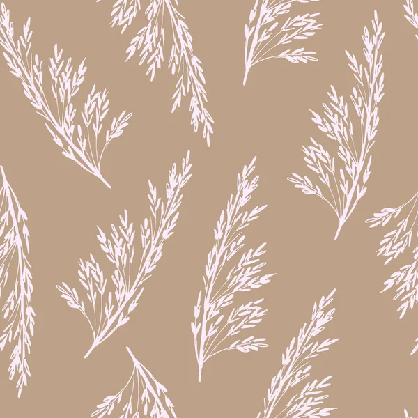 El çizimi, basit, sakin, pürüzsüz, pastel renklerde bir model. Açık renk dallar, gri-bej arka planda kır çiçekleri. Kumaş ve tekstil ürünleri için.