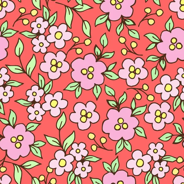 Helle Florale Vektor Nahtlose Muster Ländlichen Stil Kleine Rosa Blüten — Stockvektor