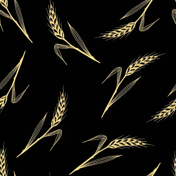 Hand Drawn Vector Seamless Pattern Golden Ears Wheat Black Background — Stock Vector