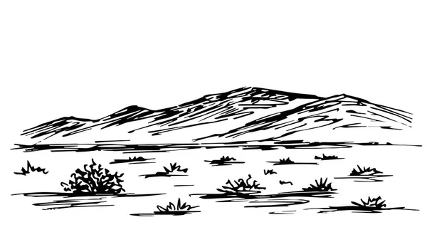 Hand-drawn simple vector sketchy drawing in black outline. Panoramic mountain landscape, hilly, rocky, desert arid area. Geology, travel, tourism.