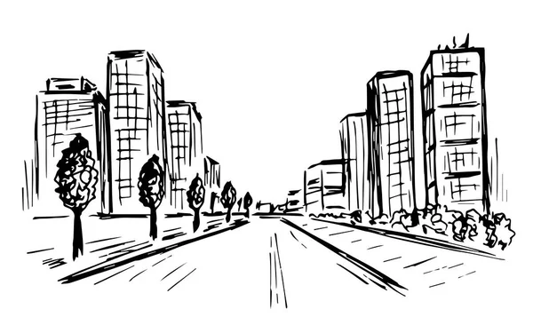 Elle çizilmiş siyah-beyaz vektör çizimi. Şehir merkezi, cadde, sokak, yüksek binalar, yol. Şehir manzarası, basit çizimler..