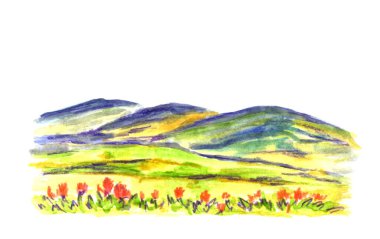 Suluboya renkli manzara. Dağlar, tarlalar, bozkırlar, tepeler, çiçek açan bahar çayırları, ön planda kırmızı kır çiçekleri. Baskı, mevsim, doğa, hava
