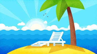 Yaz tatili manzarası. Mavi denizin yakınındaki sarı kumsalda, palmiye ağacının gölgesinde beyaz bir şezlong. Sıcak güneşli hava. Düz desenli Raster çizimi. Seyahat arkaplanı.