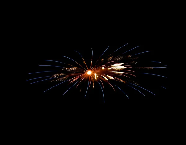 Golden orange amazing fireworks isolated in dark background close up with the place for text, Malta fireworks festival, 4 of July, Independence day, New Year, explode — Stock Photo, Image