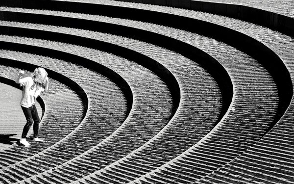 Abstract stairs in black and white, abstract steps and fountain fragment, stairs in the city, granite stairs, wIde stone stairway, wide stone stairs, steps, black and white photo, diagonal, urban scene
