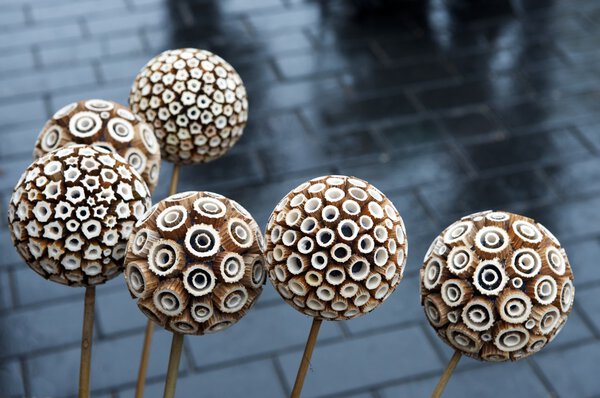 Цветы из сушеных цветов. Трава привязана и высыхает на высоте. Фрагмент фотографии ежегодной традиционной ярмарки ремесел
