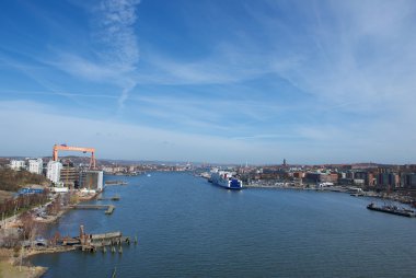 Göteborg, İsveç - Nisan 8:Gothenburg İsveç ve önemli bir liman ikinci büyük kentidir. Renkli panoramain Gothenburg, İsveç görünümünü. Gothenburg panorama. Panoramik Gothenburg