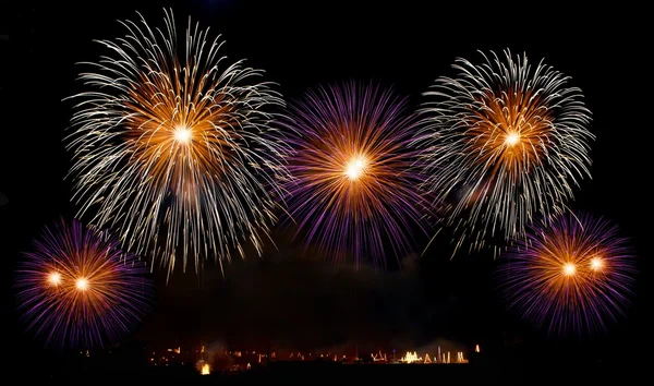 Big colorful fireworks explode in Malta in dark sky,Malta fireworks festival, 4 July, Independence, fireworks explode, New Year, fireworks in Zurrieq isolated in dark background with place for text — Stock Photo, Image