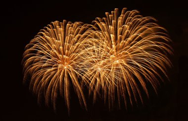 Altın portakal için metin, malta fireworks festival, 4 Temmuz Bağımsızlık günü, yeni yıl, yer ile şaşırtıcı havai fişek koyu arka planda izole yakın çekim patlayabilir