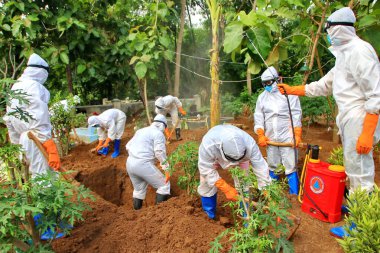 Kamu mezarlığı Pekalongan 'da, 3 Kasım 2020' de kişisel koruma ekipmanlarıyla memurlar tarafından katı sağlık protokolleri uygulanmış 19 hasta için cenaze töreni.