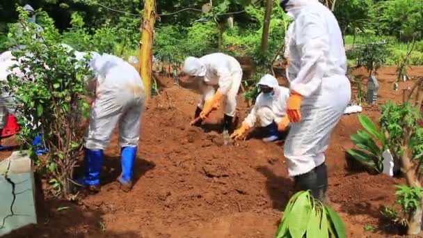 Begravningen Ett Lik Infekterat Med Koronaviruset Med Covid Protokollet Pekalongan — Stockvideo