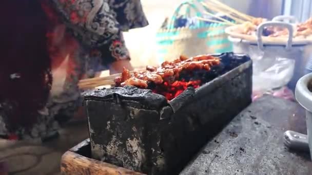 Street Satay Seller While Grilling Satay Charcoal Stove Focus Noise — Stock Video