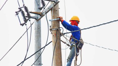  Elektrik direği tamircisi elektrik direği üzerinde çalışıyor.