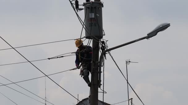 Wazig Geluidsclip Elektricien Lijnmonteur Bij Klimwerkzaamheden Aan Elektrische Paal Pekalongan — Stockvideo