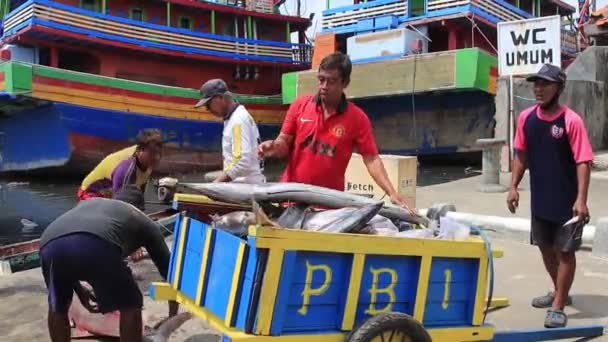 Vissersactiviteiten Die Vangst Van Vis Laden Vismijn Pekalongan Indonesië Maart — Stockvideo