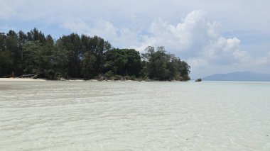 Tropikal sahil kıyısı berrak turkuaz okyanus suyuyla aydınlık bir gökyüzünün altında huzurlu ve huzurlu bir cennette kabarık bulutlarla karşılaşıyor..