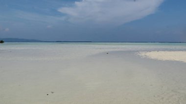 Turkuaz su, tropikal sahillerin huzur veren güzelliğini gösteren parlak bir kumsalda nazikçe tur atar..