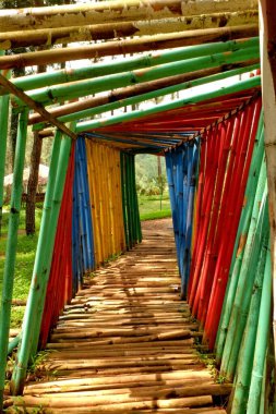Renkli bambu tüneli yemyeşil bahçede tuhaf bir patika oluşturur. Keşifleri davet eder ve doğal manzaraya eğlenceli bir cazibe katar..