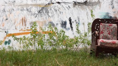 Terk edilmiş bir kanepe çimenli zeminde grafiti kaplı bir duvara karşı, aşınmış dokular, solmuş renkler, ve uzun süreli ihmal belirtileri..