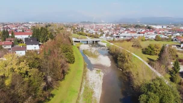 Panning Aerial Shot Small River Running Some Factories Domzale Slovenia — Stock Video